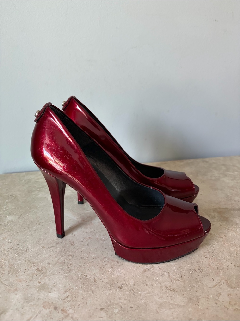 Stuart Weitzman Stiletto Peeptoe Pumps Size 8 Red Patent Leather Platform Heels